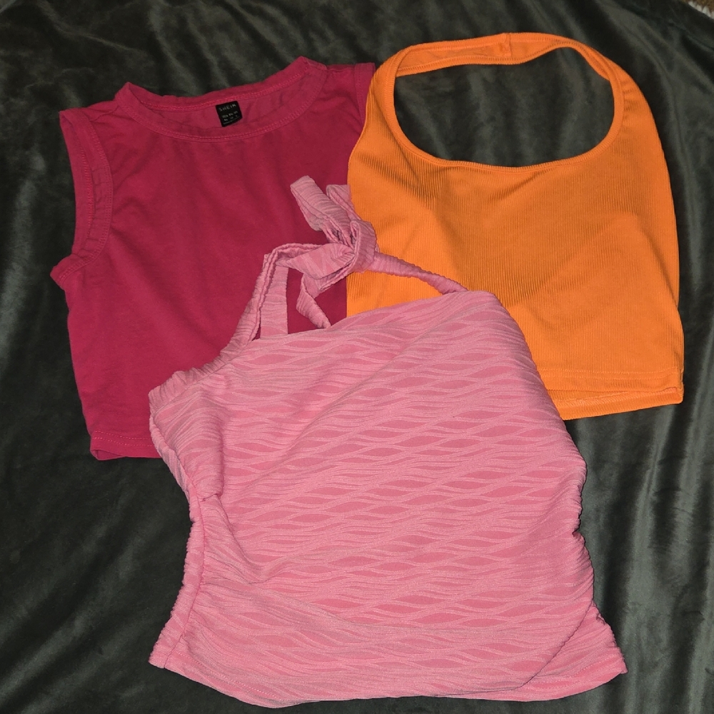 SHEIN Pink, Bright Pink & Orange Girls' Cropped Tank Trio